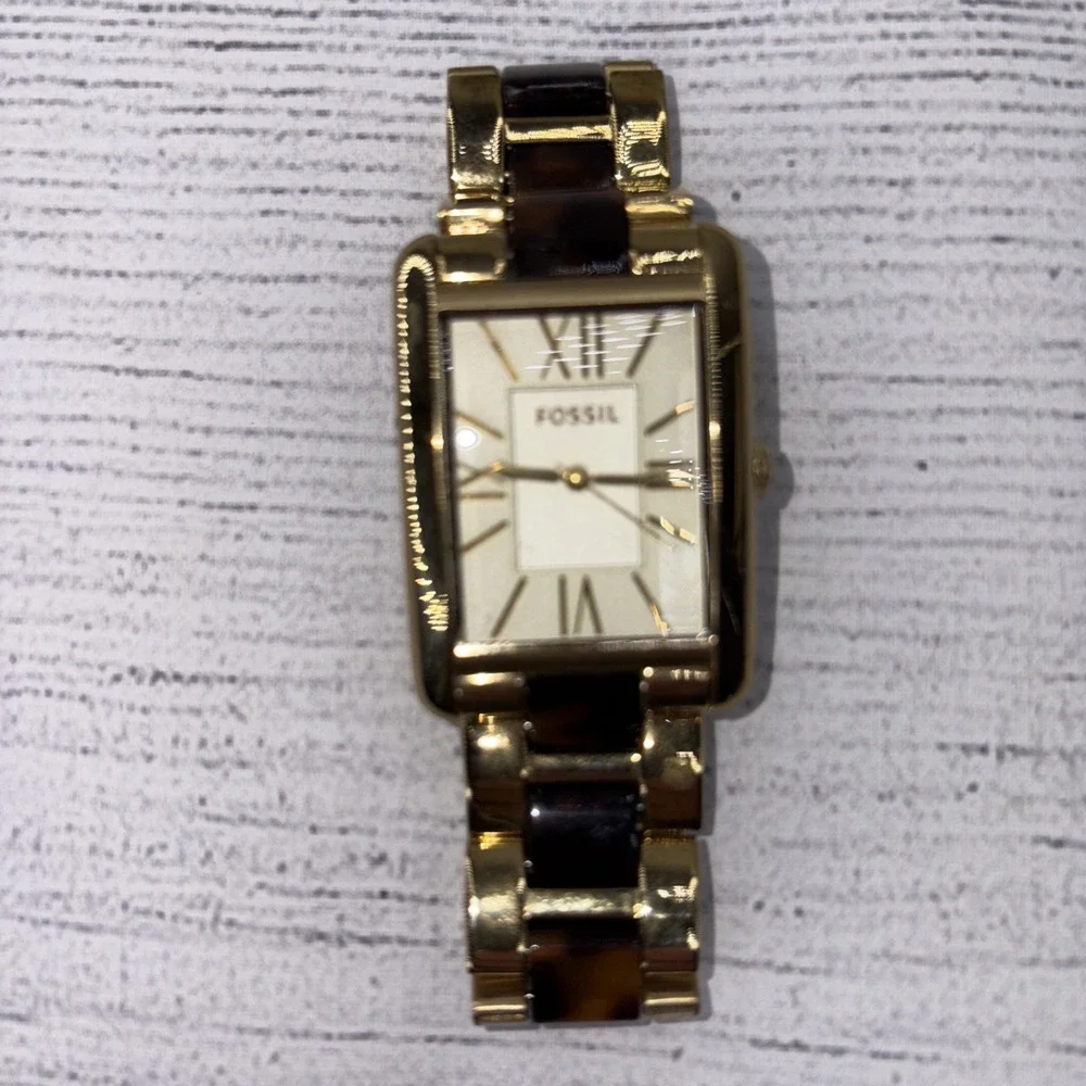 Women's Fossil Dress Watch Gold Toned With Roman Numerals Brown Yellow Band EUC